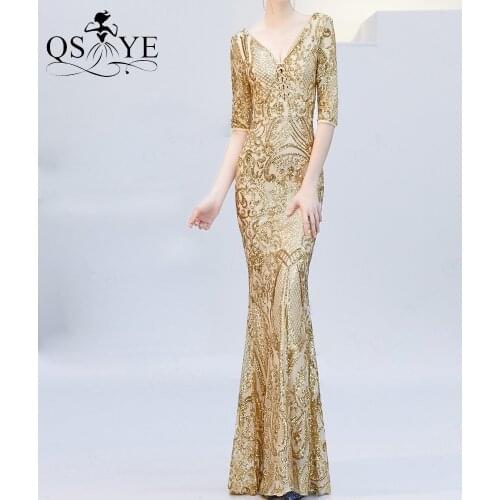 Gold Evening Dress Mermaid Sequin Prom Gown Long Sleeves Party Dress V Neck Tie Golden Formal Gown Frenum Lacing HabeWomen Dress