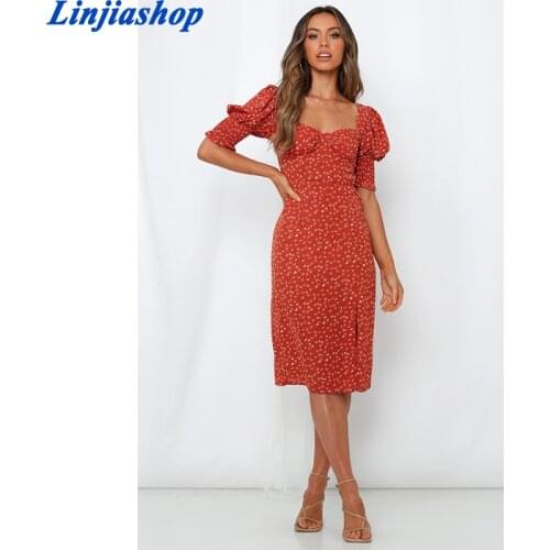 Fashion Women Midi Dress Casual France Wine Red Floral Print Summer Vestido Vintage Split Dresses