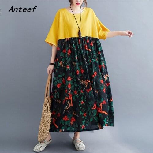 Cotton linen oversize plus size vintage floral for women casual loose long summer dress elegant clothes 2020 ladies dresses