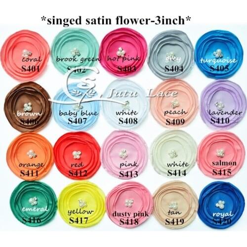60 pcs/lot ,3" singed satin flower , burned satin flowers with pearl , satin shabby flowers for apparel accessories