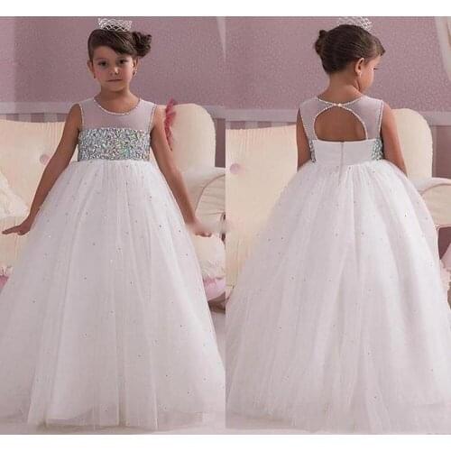 Princess White Wedding Flower Girl Dresses Empire Waist Crystals Open Back Custom Made Cheap Baby Communion Girls Pageant Dress