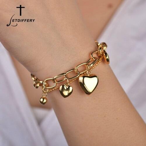 Letdiffery Gold Love Hearts Charms Women Bracelets High Quality Stainless Steel Double Layers Wedding Jewelry Engagement Gifts