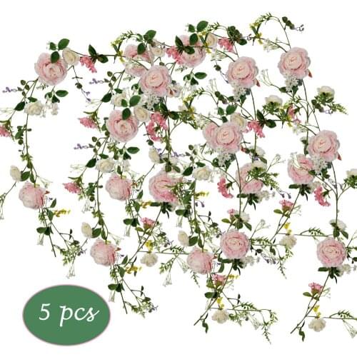 5 pcs Fake Vine Pink Penoy Silk Flowers Plants Artificial Austin 1.85m Rattan Hanging Home Babyshower Wedding Party Garden Decor