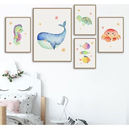 Whale Turtle Crab Fish Nursery Wall Art Canvas Painting Cartoon Nordic Posters And Prints Wall Pictures Girl Boy Kids Room Decor