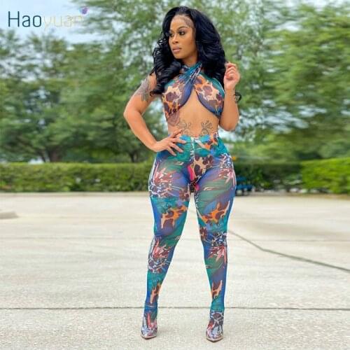 HAOYUAN Sexy Print Mesh Sheer Two Piece Set Backless Crop Top Pantyhose Summer Outfits for Women Festival Club Matching Sets