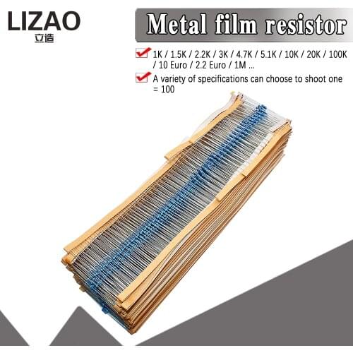 100pcs 1/4W 1R~22M 1% Metal film resistor 100R 220R 1K 1.5K 2.2K 4.7K 10K 22K 47K 100K 100 220 1K5 2K2 4K7 ohm resistance