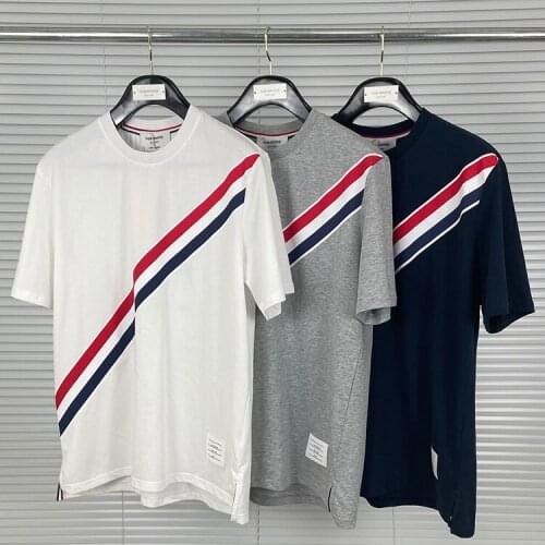 2021 New Fashion TB THOM Brand T-Shirt Men Short sleeve Casual Clothing Summer Slim Thin Diagonal Stripes O-neck Cotton Shirts