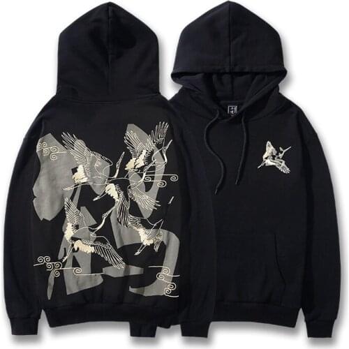 New High Quality Crane Pattern Embroidery Printing Design Mens Pullover Hoodies Casual Male Hooded Sweatshrits Chinoiserie