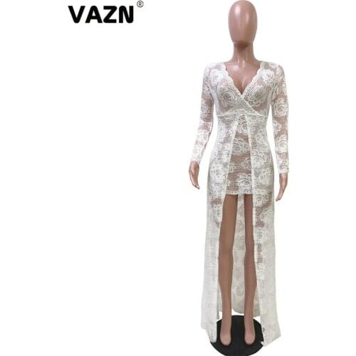 VAZN 2020 Top Quality Novelty Sexy Club Asymmetrical Dress Solid Elegant Open Full Sleeve Women Thin High Waist Maxi Dress