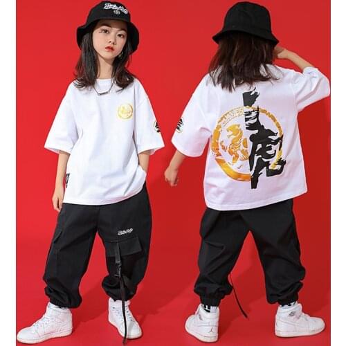 New Hip Hop Dance Clothes Kids White T-Shirt Black Pants For Girls Jazz Practice Wear Sport Street Clothing Rave Outfit BL6393