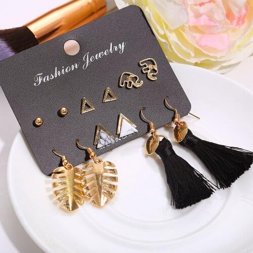 New Tassel Leaves Stud Earrings Set For Women Bohemian Geometric Earring Fabric Female Fashion Jewelry 2019