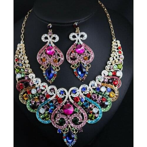 Luxury Crystal Wedding Bridal Jewelry Sets Multi Color Rhinestone Jewelry Necklace Earrings Sets For Women Statement Jewelry