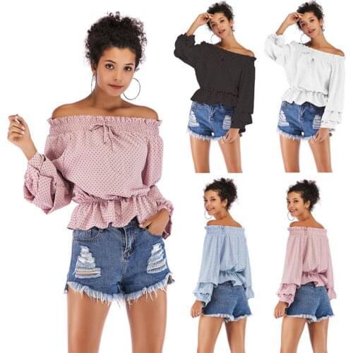 Sexy Off Shoulder Puff Sleeve Polka Dots Chiffon Blouse Shirt Women Elegant Slash Neck Ruffle Chiffon Blouses Short Tops Blusas