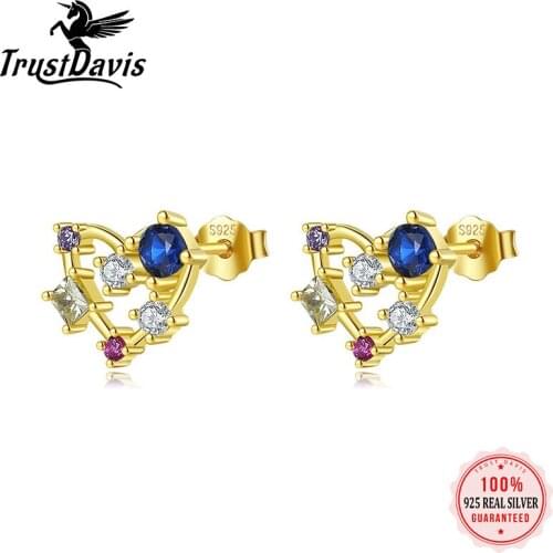 ElfoPlataSi Real 925 Sterling Silver Color Zircon Heart Stud Earring Women Weeding Birthday Gift Girls Daughter Jewerly L019