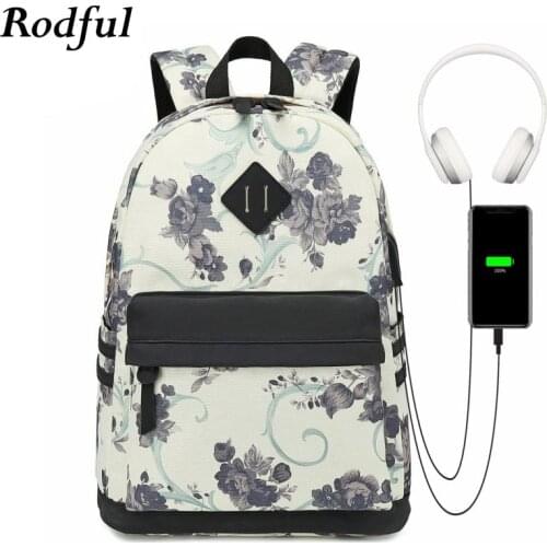 Floral Fabric Back Pack School Bag Backpacks for Women Teenage Girls Student Schoolbag Backpack with Charging Usb Headphone Jack