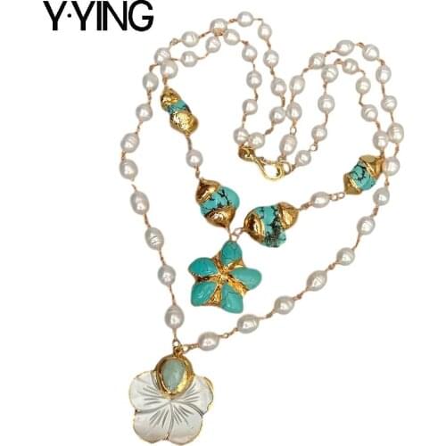 Y.YING natural Cultured White Rice Pearl Blue Turquoises statement Necklace Shell Flower Pendant 19"