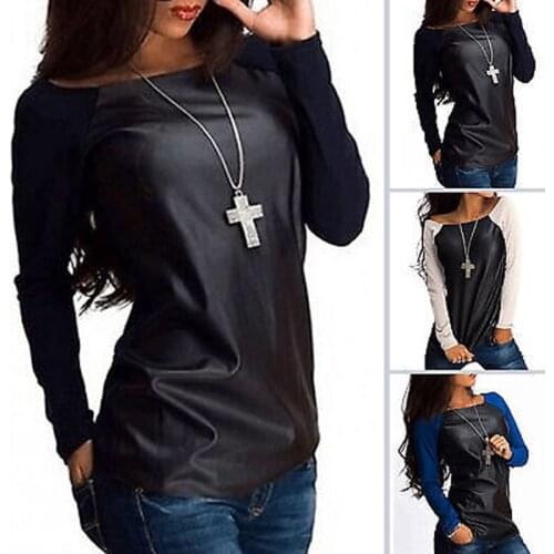 Women T-Shirt Sexy Ladies Faux Leather Long Sleeve Casual Tops Patchwork Female Basic Round Neck Basic Ladies Clothing