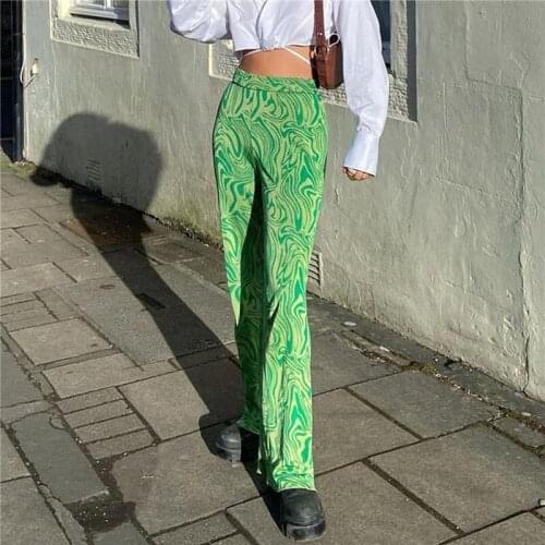 Women Water Ripple Flared Pants Casual Pants Summer and Autumn Adult Water Ripple Print High-Waist Flared Pants Brown/Green