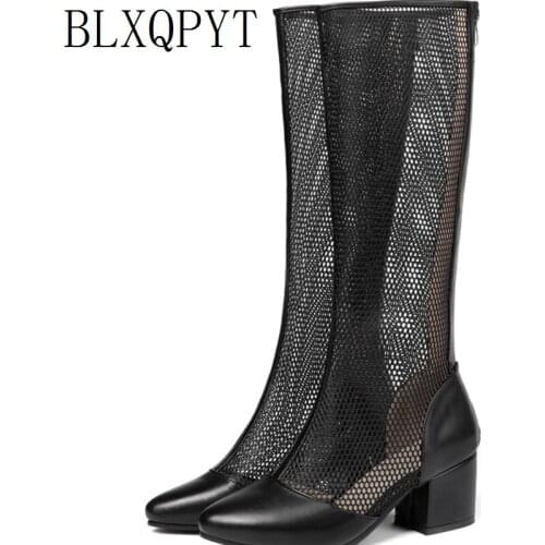 BLXQPYT Size 32-45 Women Knee High Boots High heels Zipper Sexy Lace Mesh Boots Summer Cool Boots Breathable Shoes Woman C5-19