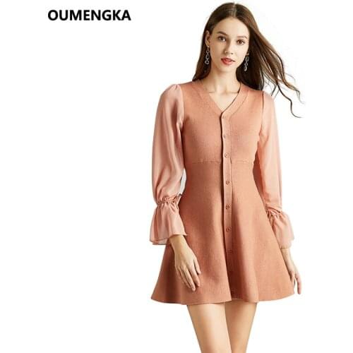 OUMENGKA New 2019 Spring V-Nexk Sweater Dress Women Chiffon Pacthwork Sleeve Knitted Dresses Sexy Bodycon Slim Button Dress