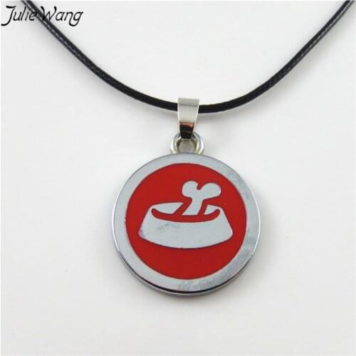 Julie Wang 1PC Puppy Dogs Mess Tin Cartoon Bone Pattern Round Shape Enamel Alloy Pendant Charm 45+5cm Leather Chain Necklace