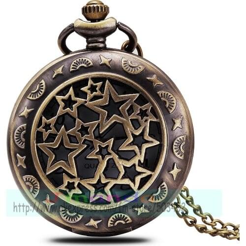 100pcs/lot five-pointed star retro pocket watch bronze color hollow out quartz watch for unisex high quality clock with chain
