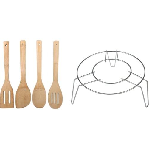1x Household Stainless Steel Cooking Ware Steaming Rack Stand & 4 Pieces Pure Bamboo Solid Turner, Spatula