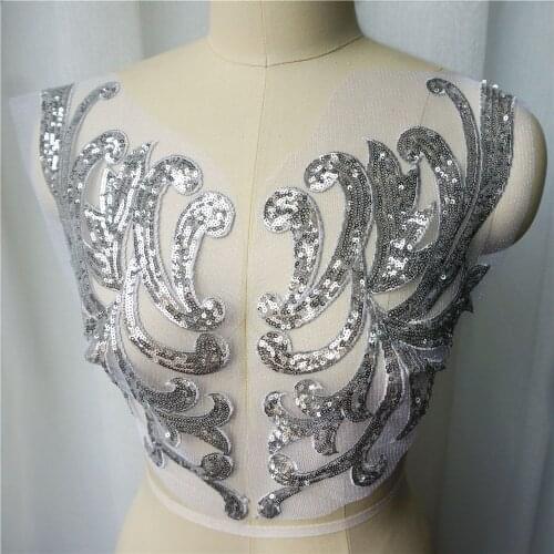 2PCS 46CM Silver Sequin Lace Fabric Appliques Sew On Patches Mesh Wedding Decoration Embroidery For Bride Evening Dress DIY