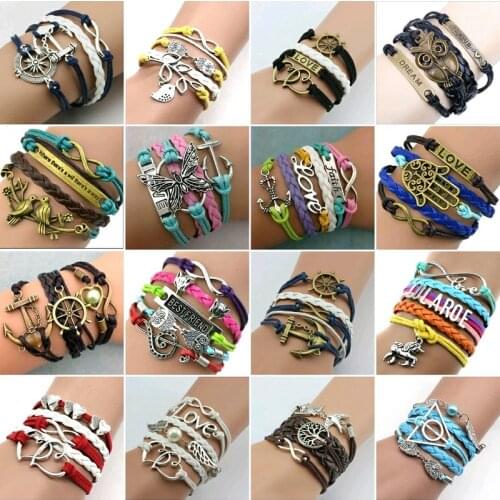 20Pcs/Lot Vintage Bohemian Multicolor Leather Bangle Rope Multi-layer Braided Bracelet Men Women Adjustable Love Heart Wristband