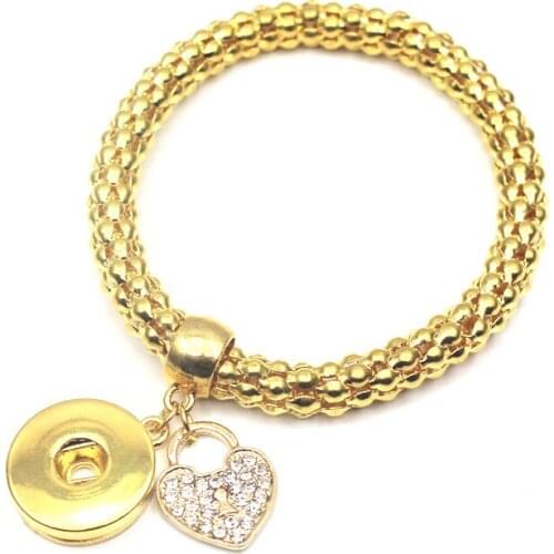 6pcs/lot Gold Elastic Snap Bracelet With Herat Crystal Bracelet For Women Men 18mm Snap Buttons Bracelet&Bangle Jewelry