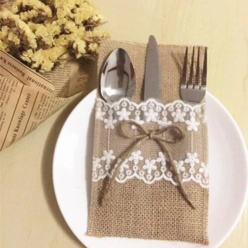 Free shipping wholesaler of Lace linen tableware bag holiday wedding knife fork bag red wine bag