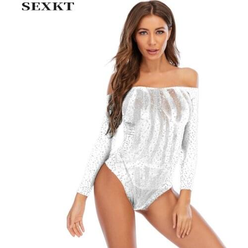 Erotic clothes Sex clothes Bodystocking Long Sleeve Jacquard Rhinestone ShinyRhinestoneMeshoff-the-shoulder bodysuitPub clothing