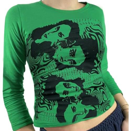 New Fashion Womens T-shirt Portrait Print Tops Stylish Long Sleeve Crew Neck Slim Fit Letter Womens Tube Top Streetwear Y2k
