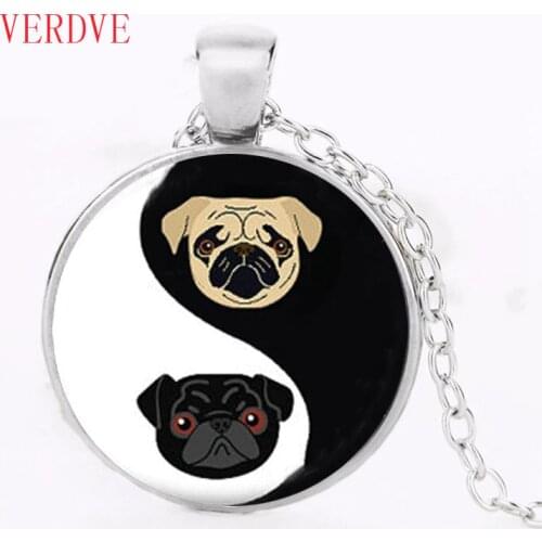 Yin Yang Pug Necklace Black and Tan Bulldog Pendant Dog Jewelry Gifts For Pug Lovers Rescue Jewellery, Glass Dome gift