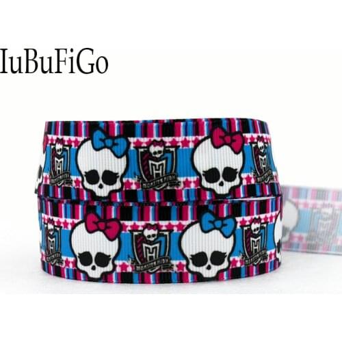 IuBuFiGo 50 yard 7/8" Skulls ribbon Printed Grosgrain ribbon Hair bow DIY Handmade Blue ribbons