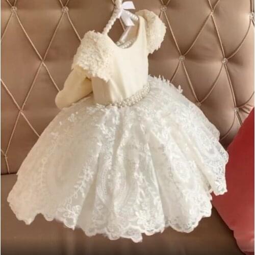 Custom Ivory Lace Pearls Baby Girls First Birthday Dress O Neck Big Bow Infant Toddler Birthday Party Gowns