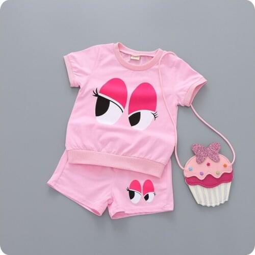 Summer New Pattern 2016 Korean Childrens Garment Girl Baby Cute Eye Jacket T-Shirt Shorts Suit Girl Leisure Time 2 Pieces Set