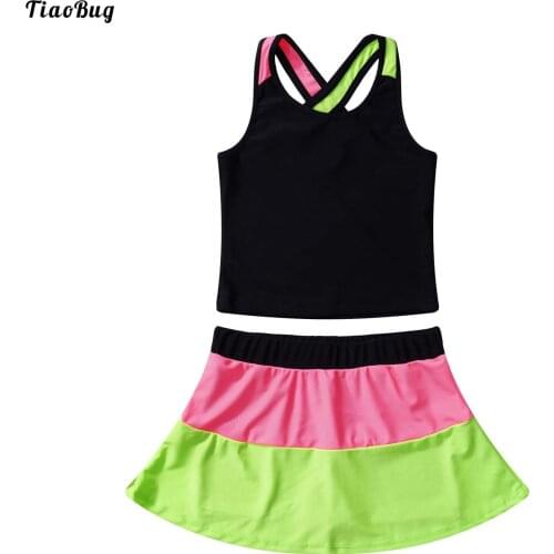 TiaoBug 2Pcs Kids Girls Summer Sport Suit U Neck Straps Vest And Skirt With Built-In Shorts Set For Running Tennis Gymnastics