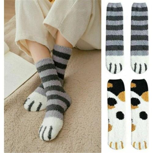 New Hot 1 Pair of Plush Coral Fleece Socks Female Tube Socks Autumn Winter Cat Claws Cute Thick Warm Sleeping Floor Socks Lady
