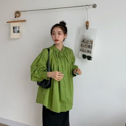 Autumn Korean Simple Temperament Blouse Female Round Neck Lantern Sleeve Blusa Lace Drawstring Tie Shirt DF159