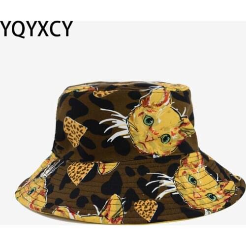 Bucket Hat Women Men Cat Pattern Double Sided Fisherman Cap Couple Street Hip Hop Fishing Hat Mens Panama Sunhat Black New