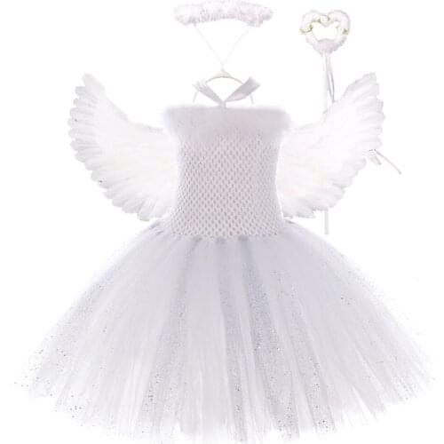 Silver Sequins White Angel Wings Tutu Dress for Girls Princess Christmas New Year Costumes Kids Girl Fairy Dresses for Birthday
