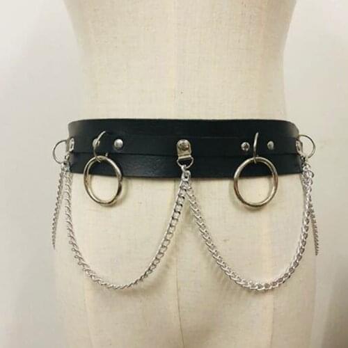 2020 New Punk Gothic Faux Leather Belt Metal Chain Ring Waist Strap Street Dance Decor