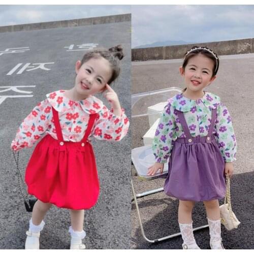 Retail 2021 New Baby Girls Cute Sets, Printed Blouse + Suspend Dress 2-6T
