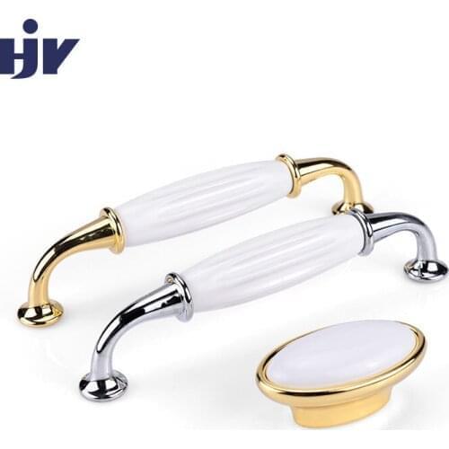 HJY Ceramic Cabinet Handles Drawer Knobs European Zinc Alloy Cupboard Wardrobe Door Handle Gold Furniture Hardware Pulls Z007