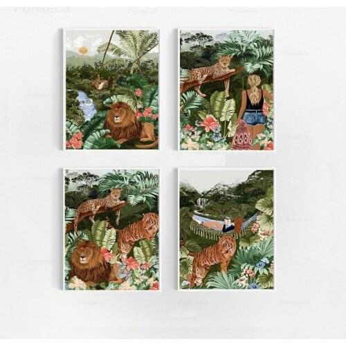 Safari Tropical Animals Posters and Prints Art Lion Tiger Leopard Jungle Botanical Canvas Painting Wall Pictures for Living Room