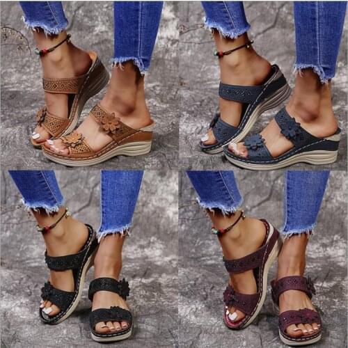 Plus Size Womens Shoes 2021 Summer Retro Roman Sandals Women Casual Flower Wedge Sandals Slippers Women Platform PU Slippers