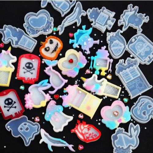DIY Resin Shaker Charms Halloween Skull Ghost Pumpkin Blood Bag Silicone Molds Unicorn Icecream Machine Jewelry Making Tools