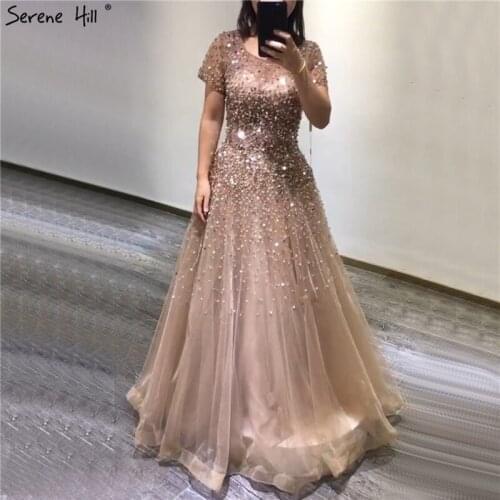 Gold Short Sleeves Sequins Beading Evening Dresses 2020 O-Neck A-Line Lace Up Formal Dress Design Serene Hill - DLA70464