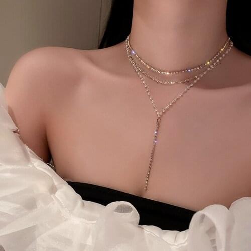 2021 New Fashion Simple Gold Color Rhinestone Pearls Chain Women Jewelry Multi Layers Chokers Necklace Clavicle Chains Collar